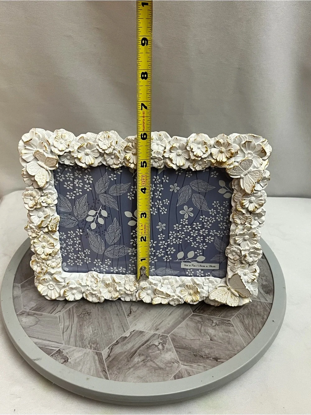 White Gold Floral Butterfly Picture Frame 5x7 Resin Cottagecore Romantic Decor